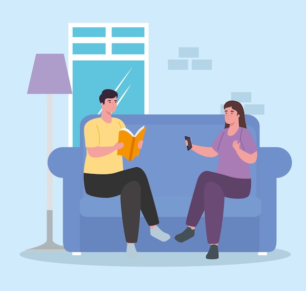 Woman and man on couch at home design of Activity and leisure