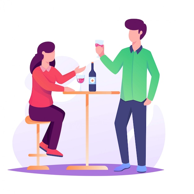 woman and man date drunk wine illustration