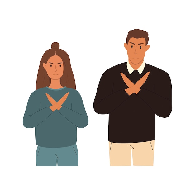 A woman and a man demonstrating a gesture of disagreement, refusal with her hands. Crossed palms.