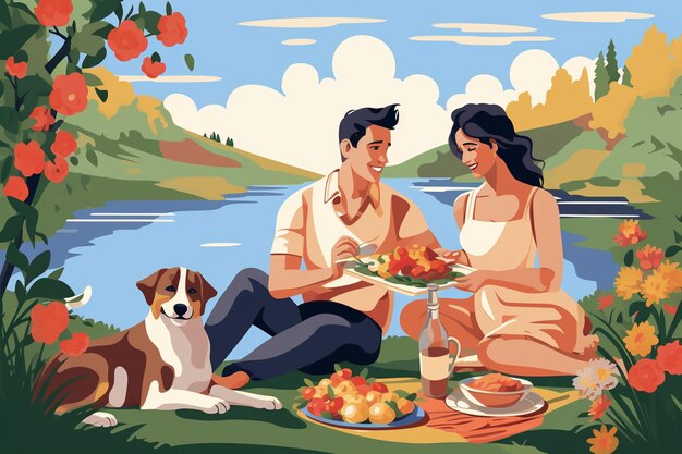 Vector woman man and dog having picnic