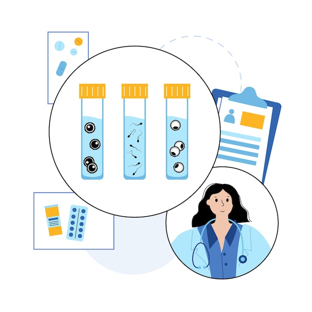 Woman and man egg cells, embryo icon in tube. Doctor gynecologist in laboratory. Sperm and ovum.