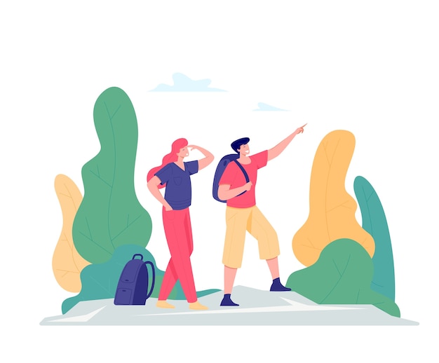 Woman and man having fun in success pose or achieving a goal with raised arms on mountain top. Travel, adventure or expedition concept.   flat style illustration.