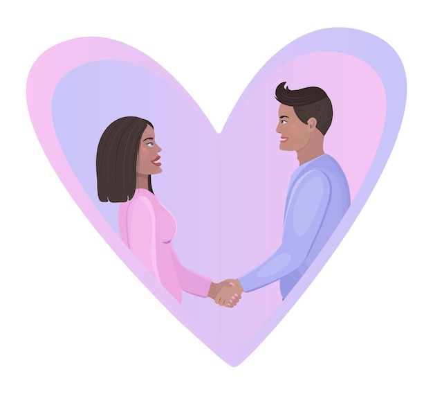 Vector woman and man inside of a heart life partners handshake colorful illustration flat characters