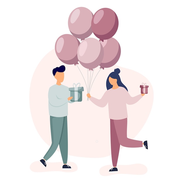 Woman and man in love celebrating birthday with gifts and balloon Valentines Day concept