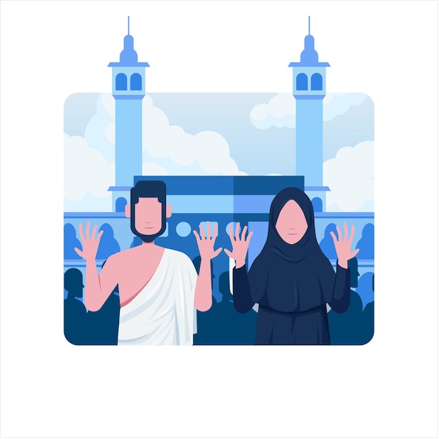 Woman and man muslim pray at kabaa at hajj pilgrimage islamic religion illustration concept