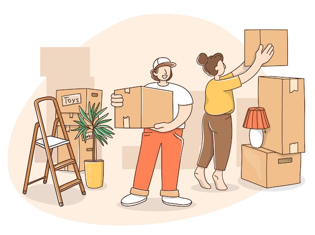 Woman and a man pack things in boxes and carry them during the move to a new house