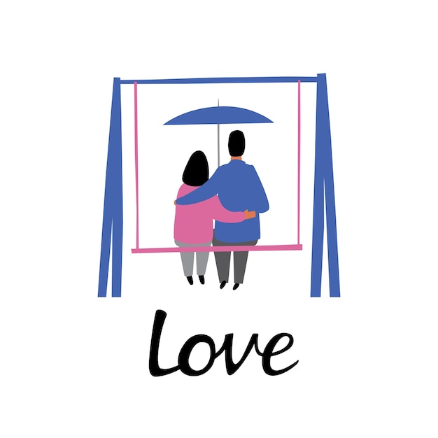 A woman and a man pressed themselves against each other on swings under an umbrella Inscription love