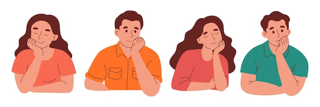 Vector woman and man resting face on hand calm gesture thinking expression