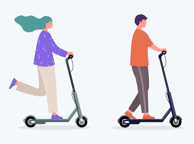 Woman and man rides an electric scooter Concept modern lifestyle with electric transport rental service