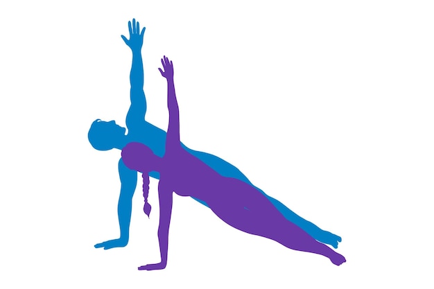 Woman and man silhouette in side plank pose Yogi couple in vasisthasana Vector illustration