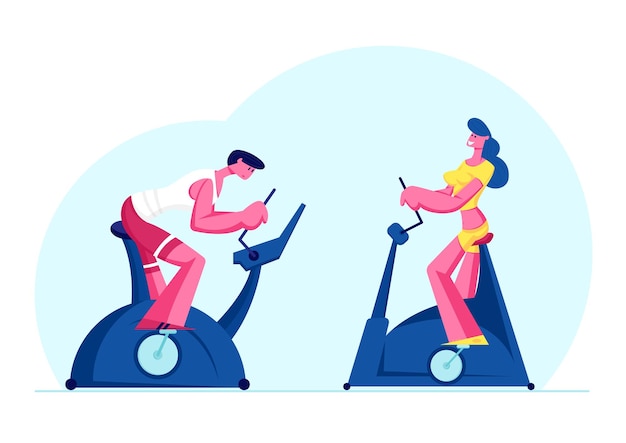 Woman and Man Training in Gym on Exercise Bike. Cartoon Flat Illustration