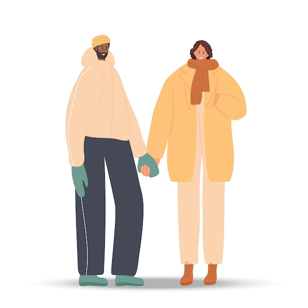 Woman and man wearing warm winter clothes. City Dwellers on winter walk. Girl and guy in love