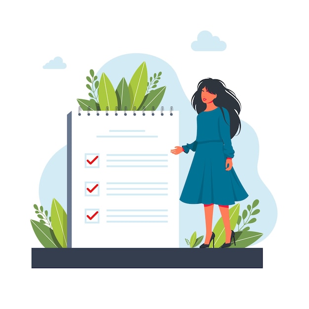 Woman, manager prioritizing tasks in to do list. Woman taking notes, planning his work, underlining important points. Vector illustration for agenda, checklist, management, efficiency concept