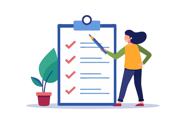 Vector woman marking items on a checklist representing organization productivity and successful task completion in a businessoriented illustration