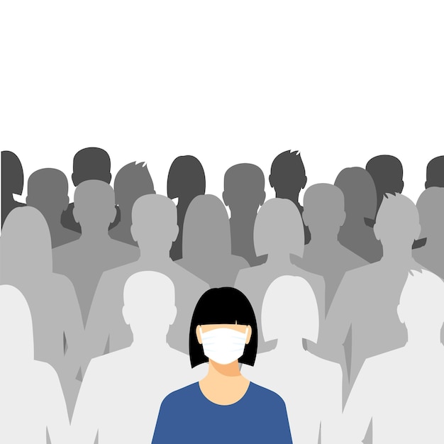 Vector woman in medical mask on face in crowd people group concept of coronavirus quarantine