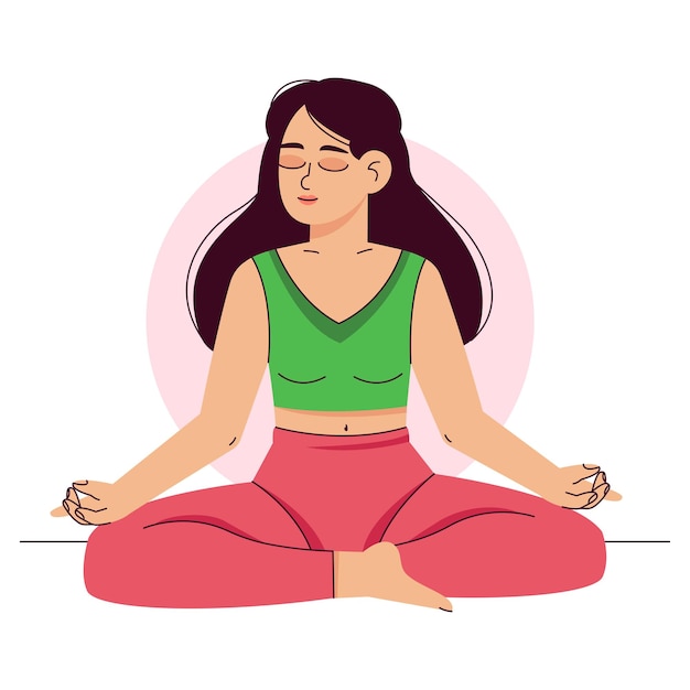 A woman meditates in the lotus position Pilates yoga and meditation Relaxation and relaxation inner peace and balance a young girl takes care of her health flat vector illustration