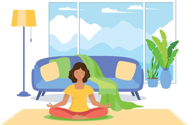 A woman meditates in the lotus position in the room with panoramic window Vector