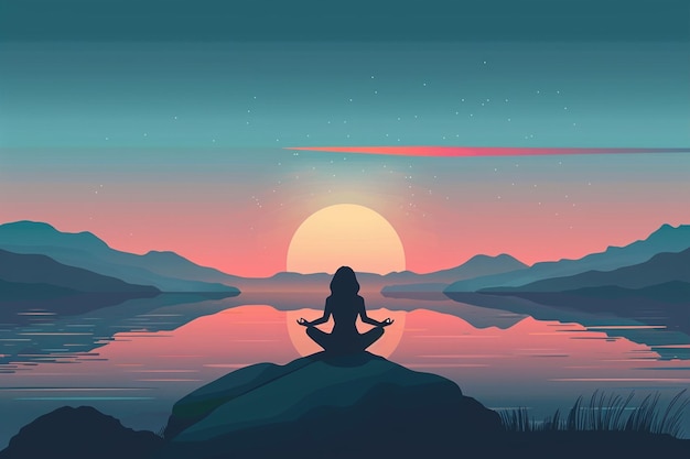 Vector woman meditating on mountain top