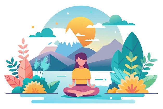 Vector woman meditating in a serene landscape with mountains and sunset