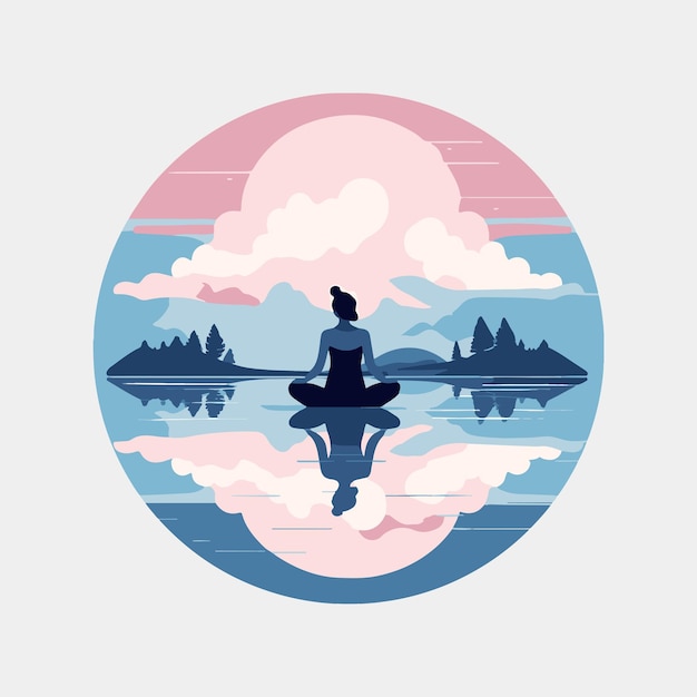 woman meditating sitting on lake reflection