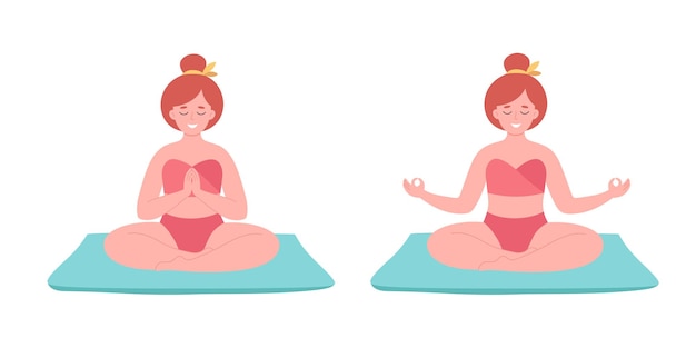 Woman meditating in swimsuit. Healthy lifestyle, yoga, relax, breathing exercise. Hello summer