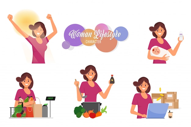 Vector woman in mother lifestyle daily routine housewife character set.