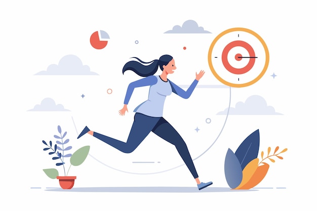 A woman in motion holding a target in her hand sprinting towards a goal or objective woman chasing deadline task target Simple and minimalist flat Vector Illustration