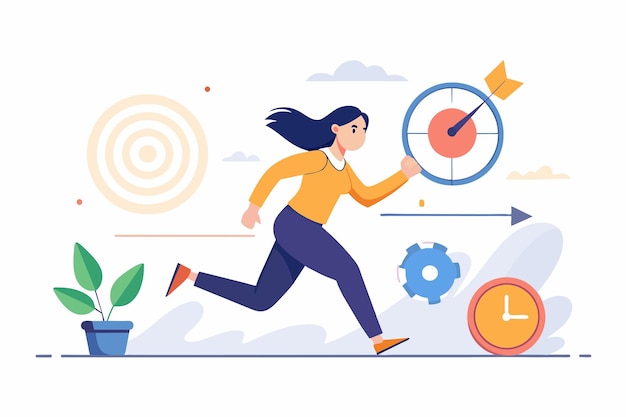 A woman in motion running past a clock and a plant woman chasing deadline task target Simple and minimalist flat Vector Illustration