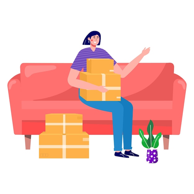 Woman moves new home house People moving and collect supplies in boxes Person cartoon characters packing belongings Young couple unpacking concept delivery relocation move box