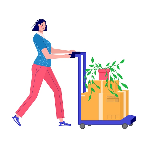 Woman moves new home house People moving and collect supplies in boxes Person cartoon characters packing belongings Young couple unpacking concept delivery relocation move box