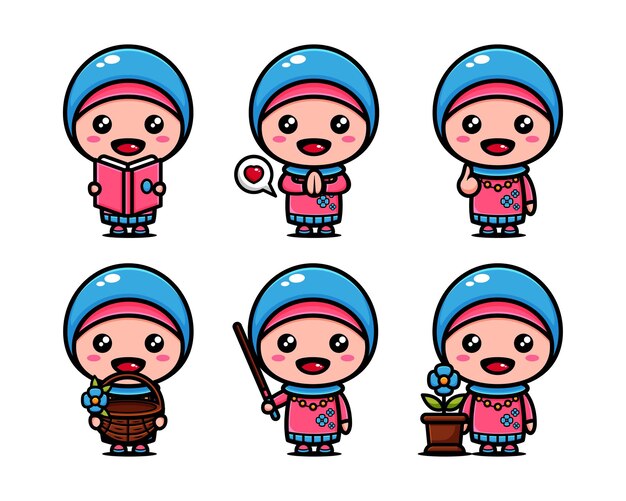 Woman muslim with cute expression. Cute arabic cartoon set