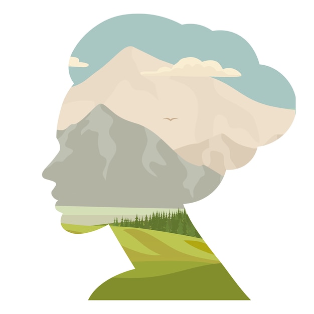 Woman and nature, stylized profile, human portrait with double exposure