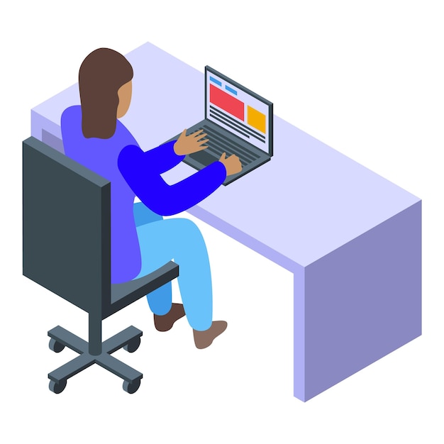 Vector woman office worker typing on laptop at desk isometric icon