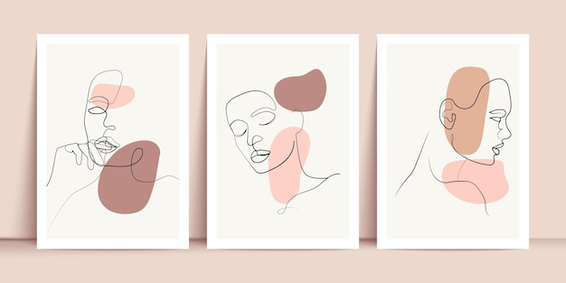 Woman One Line Drawing Prints Set. Female Face Creative Contemporary Abstract Line Drawing. Beauty Fashion Female Figure. Vector Minimalist Design for Wall Art, Print, Card, Poster.