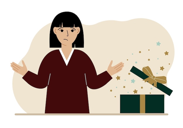 A woman next to an open gift The concept of a holiday surprise promotion discount