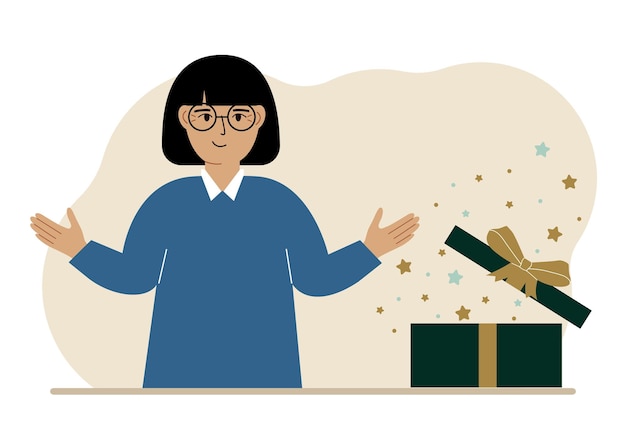 A woman next to an open gift The concept of a holiday surprise promotion discount