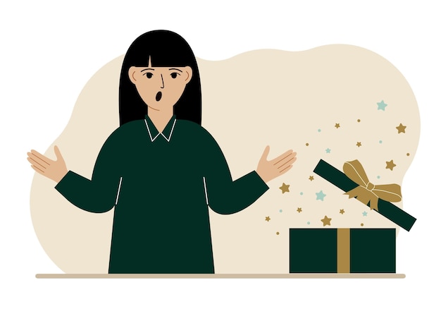 A woman next to an open gift The concept of a holiday surprise promotion discount