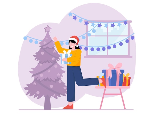 Woman opening gifts on party and celebration illustration