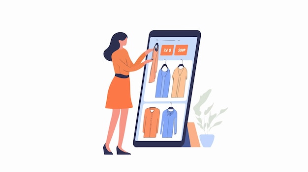 Vector woman ordering clothes online fashion shopping concept