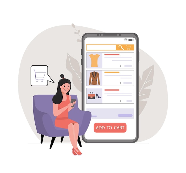 Woman ordering clothes in online store via smartphone Vector illustration