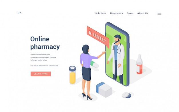 Woman ordering medicine online on smartphone.   illustration