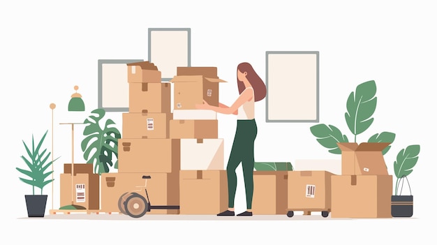 Vector woman packing things in boxes while moving to a new home