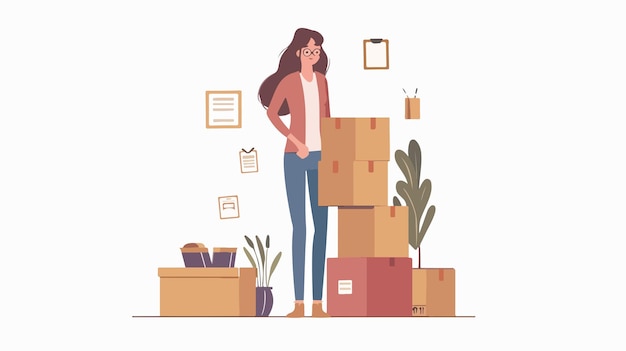 Vector woman packing things in boxes while moving to a new home