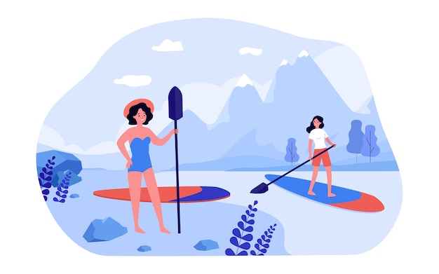 Woman paddle boarding on lake in mountains. Female character in swimsuit standing on shore with paddle flat vector illustration. Outdoor activity, sports concept for website design or landing web page