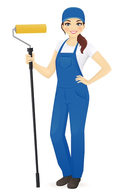 Woman painter smiling standing with roller vector illustartion isolated