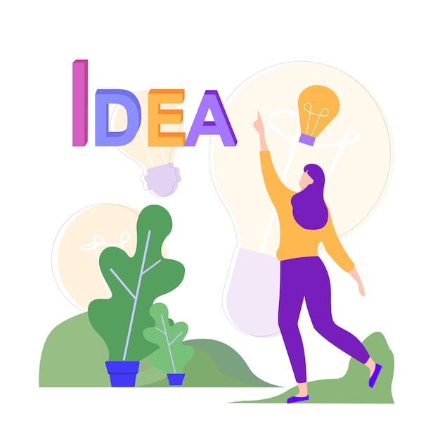 Woman in Park Has New Idea. Vector Illustration.