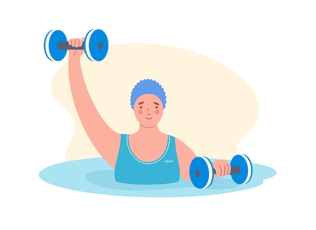 Vector woman performing water aerobics exercises with foam dumbbell in the pool. concept of healthy lifestyle and sports.