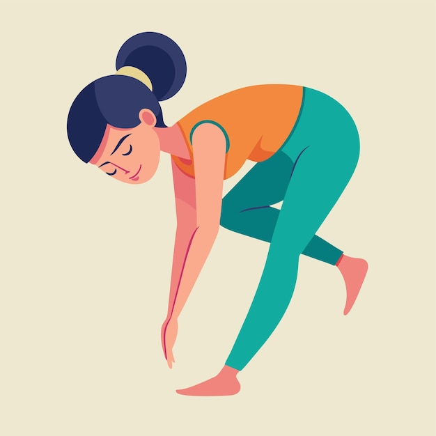 Vector woman performing yoga pose with hands behind head a girl bending forward reaching towards her toes in a gentle yoga stretch simple and minimalist flat vector illustration