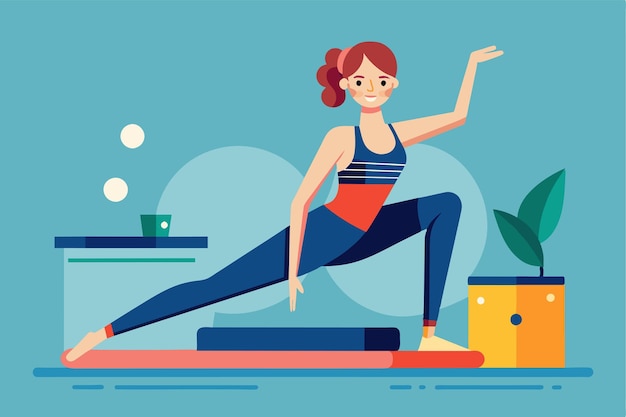 A woman performs a lunging pose on a semiflat pilates mat in a cheerful home setting Pilates Customizable Semi Flat Illustration