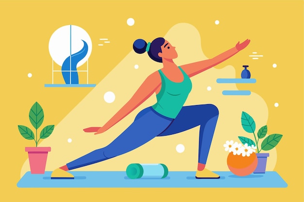 A woman performs stretching exercises in a vivid fitness space surrounded by plants and workout equipment Stretching exercises Customizable Flat Illustration